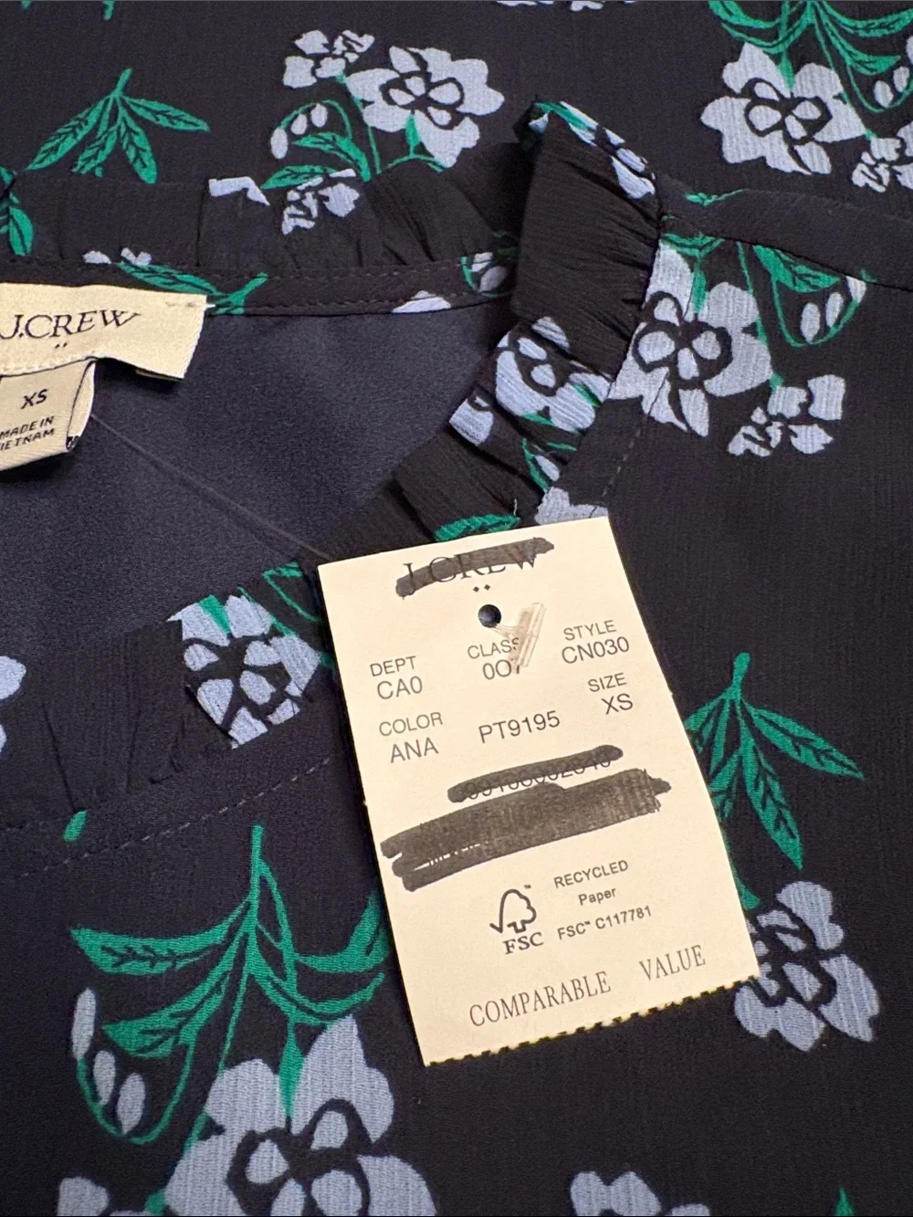 J Crew Factory women’s Short-sleeve printed ruffleneck top blue floral Sz XS NWT